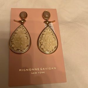 Mignonne Gavigan drop earrings with carved ivory detail, gold birds, pink stone